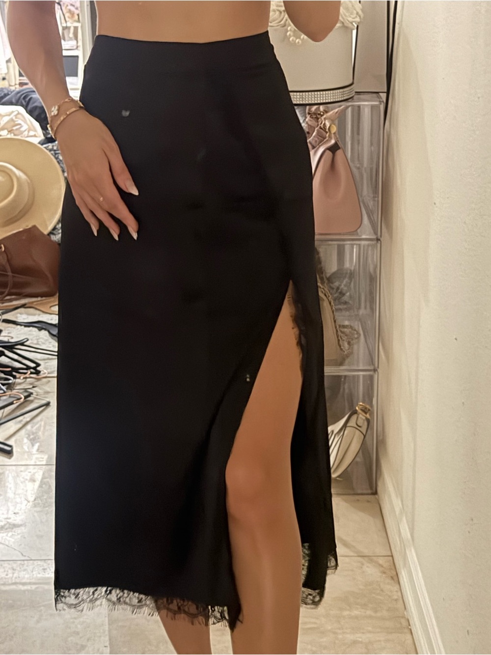 Black High-Slit Lace Trim Midi Skirt